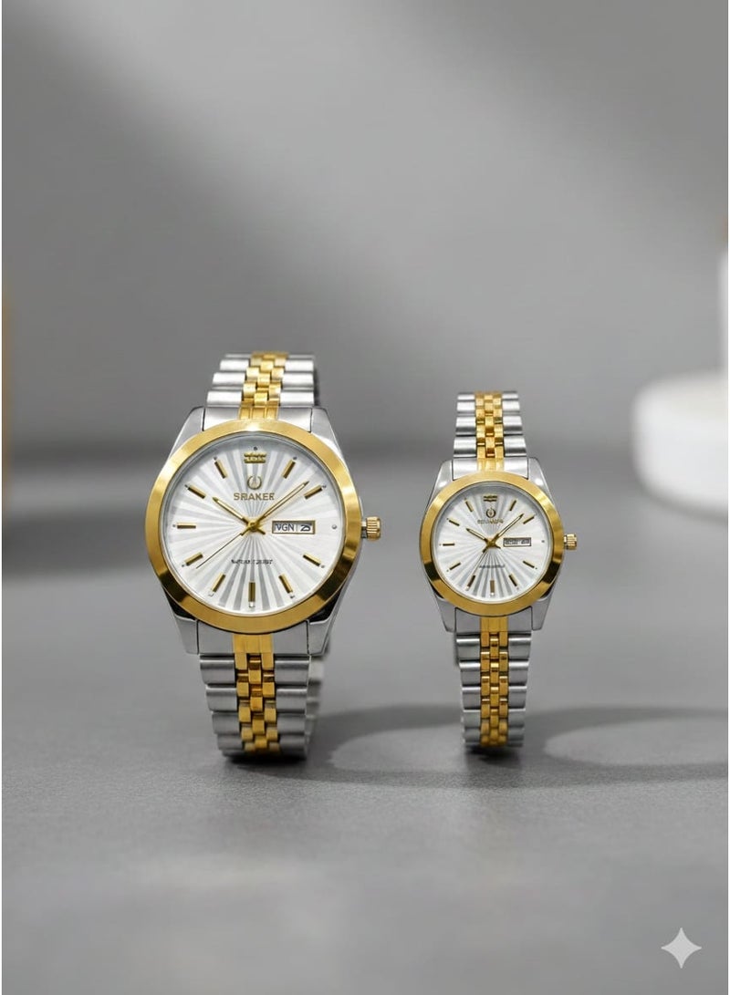 SMAKER Luxury Couple Watch Set - Men's and Women's Wristwatches with Day and Date Indicator, Water Resistant, Classic Stainless Steel Design - Image 2